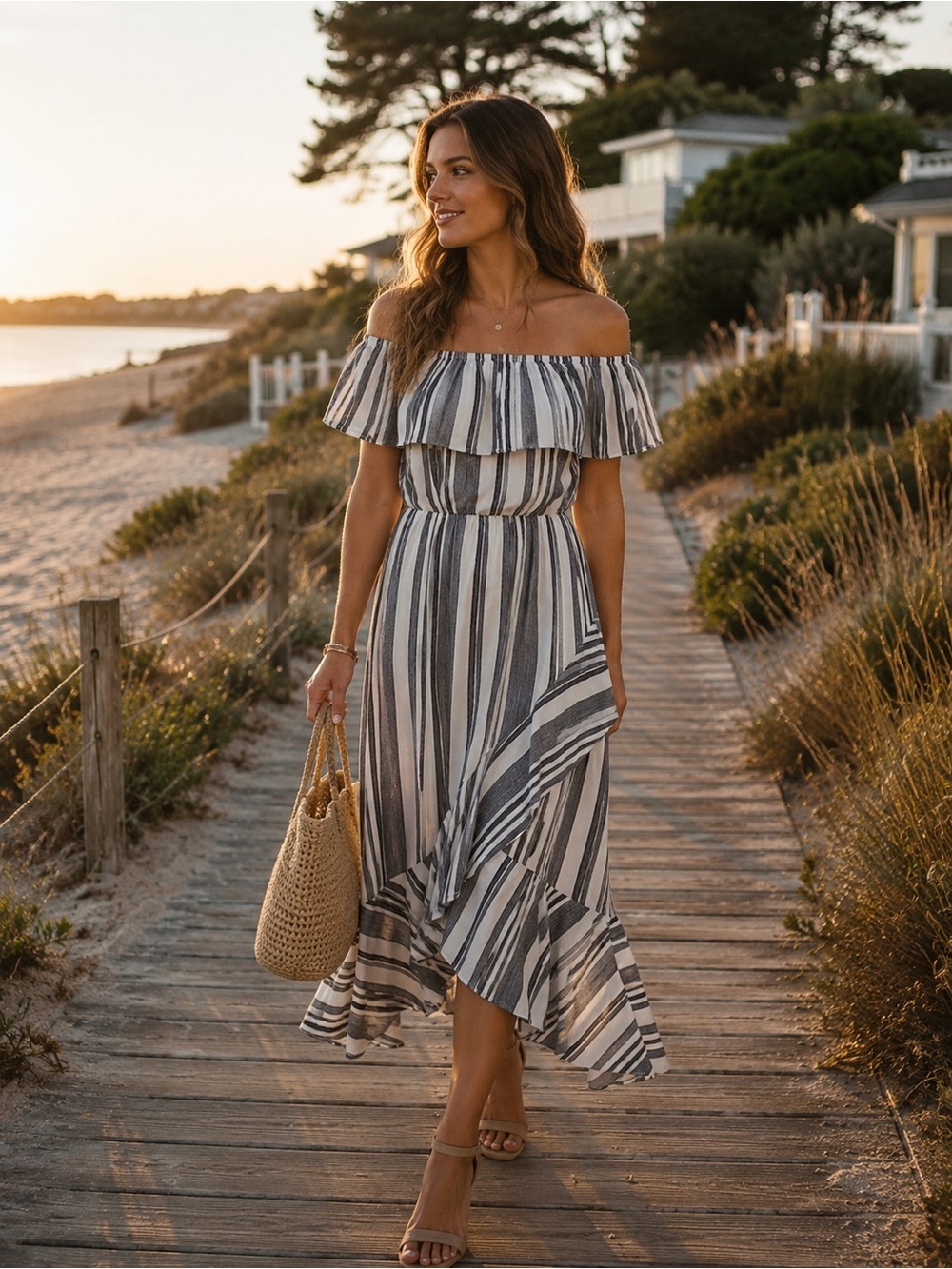 Bailey Blue Striped Off Shoulder Maxi Dress SZ M Boho Beachy Ruffle